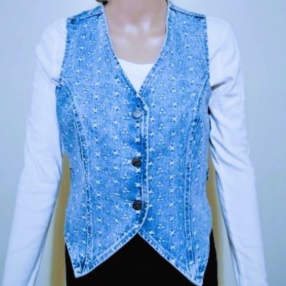VITAGE BREAKER EMBROIDERED WHITE FLORAL LIGHT DENIM VEST SIZE SMALL - Picture 1 of 9